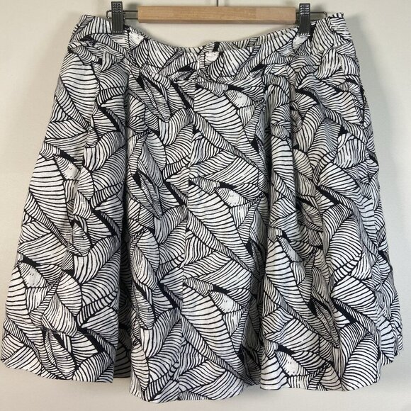Loft 100% Linen Circle Skirt Black White Leaf Print Pleated Pockets Size 12 - Picture 5 of 10